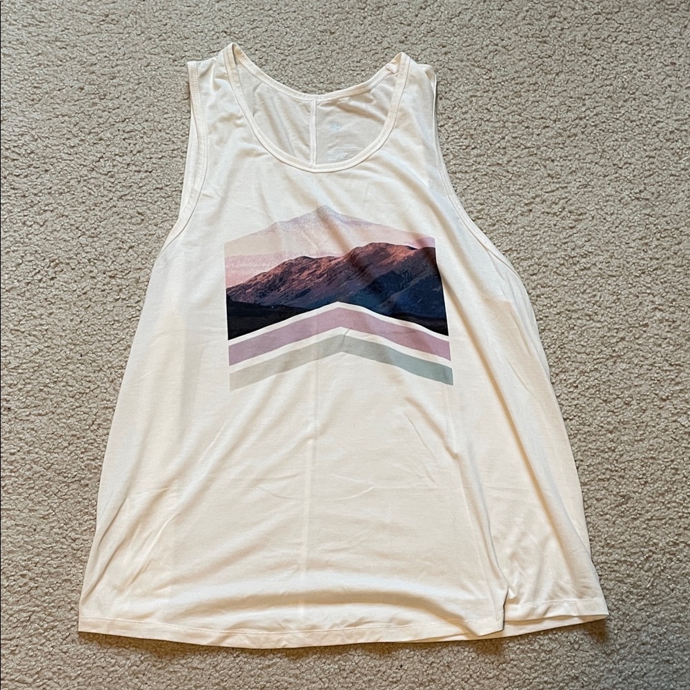 all in motion Cream Tank Top with Pink and Blue Mountain Graphic